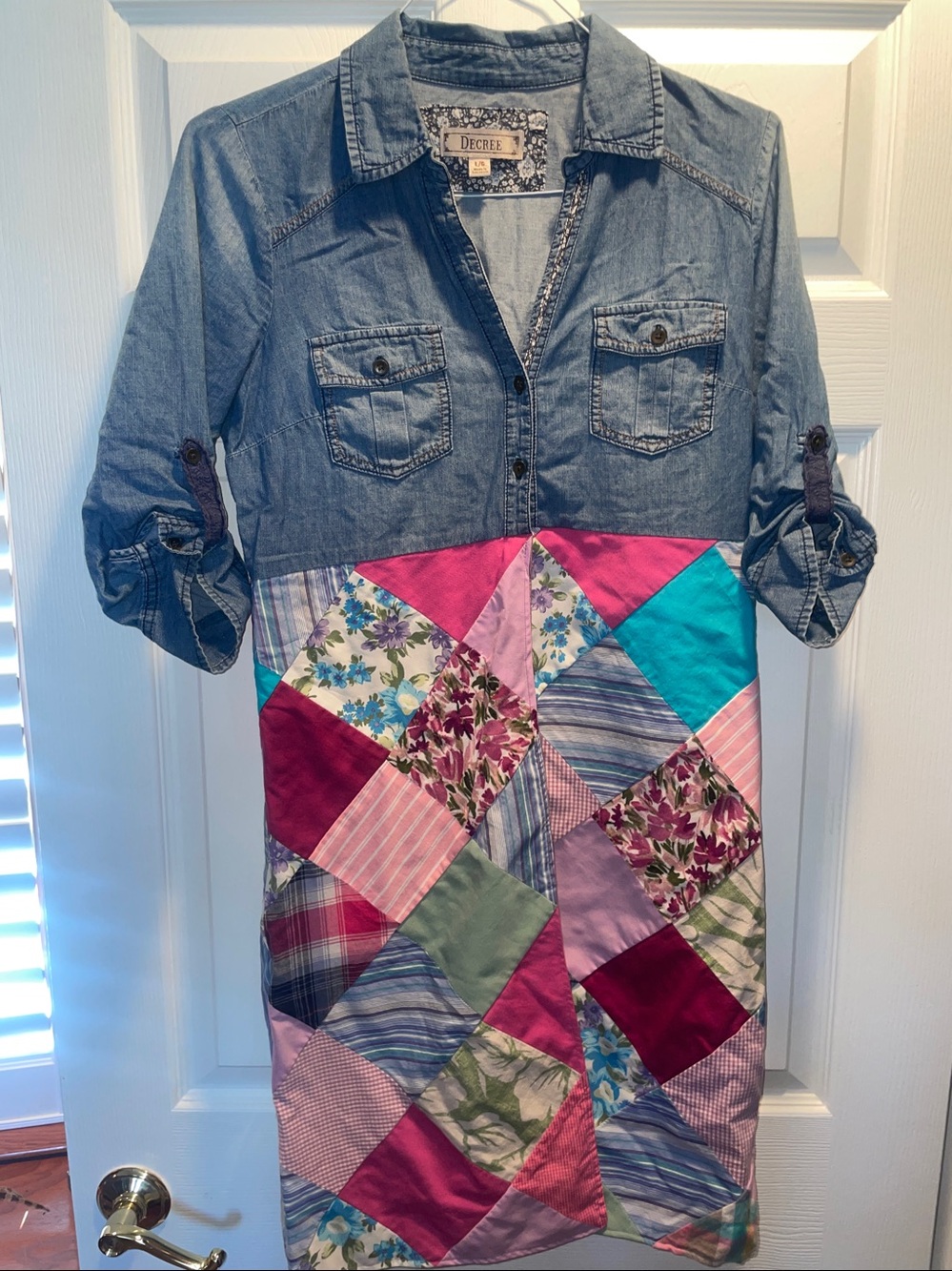 Decree Denim Patchwork Dress in Denim, Pink, Teal, Lavender and Green, Boho - Picture 3 of 4
